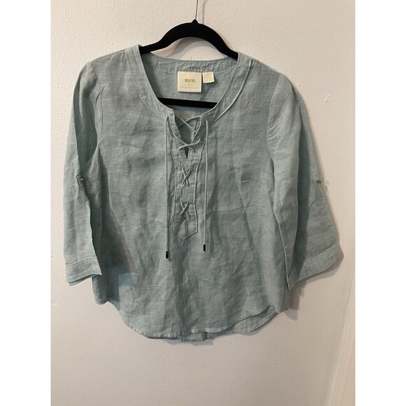 Maeve Anthropologie Blue Linen Lace Up Tab Sleeve Top Sz 2 - Picture 4 of 11